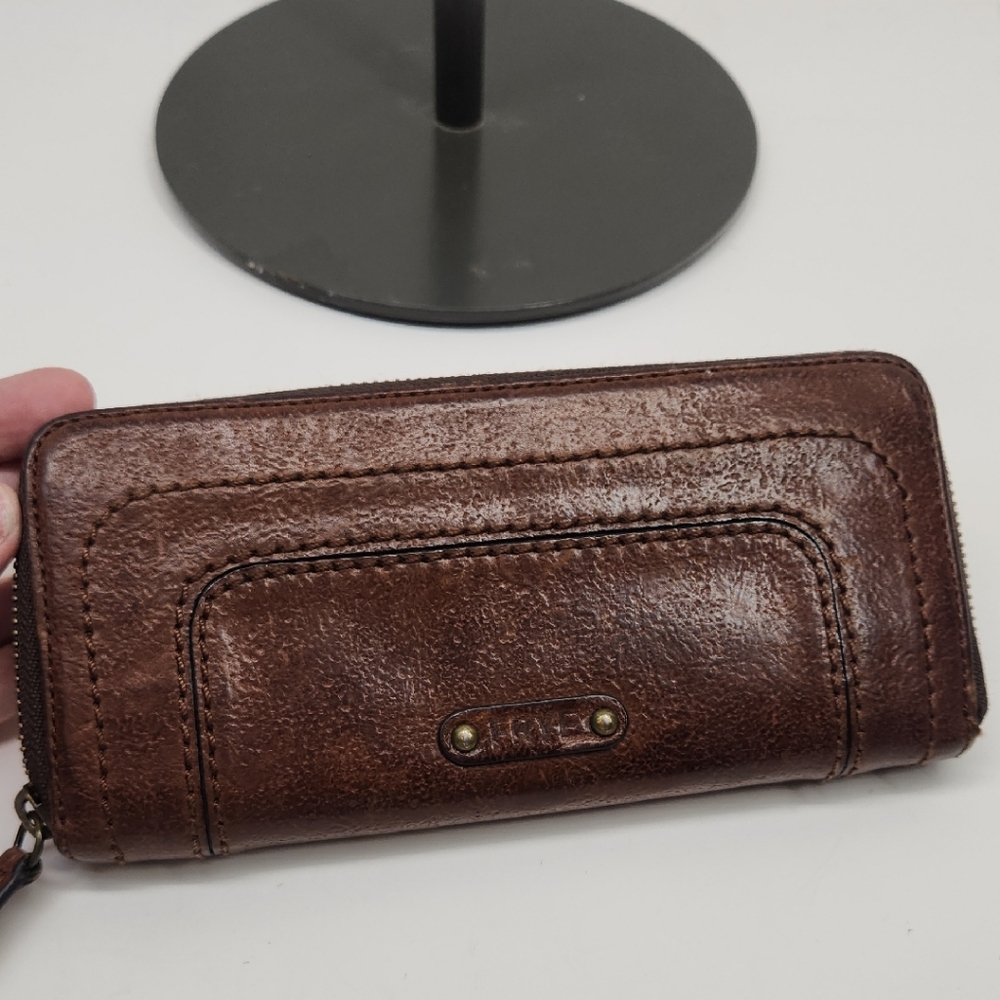 Frye Cognac Leather Zip Wallet with Embossed Logo